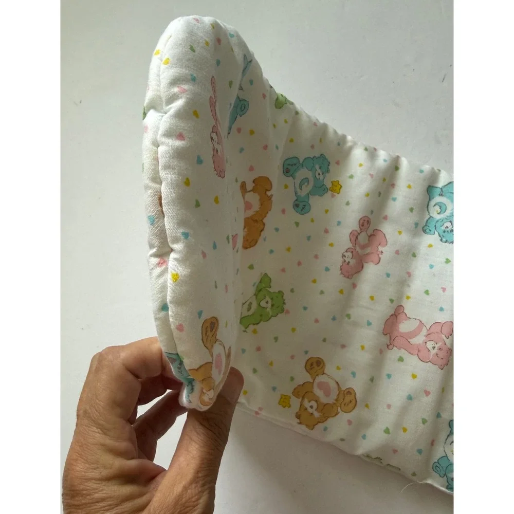 Vintage Care Bears Crib Pillow White Pastel Heart Print 80s Retro Nursery Decor